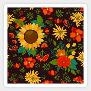 Autumn pattern with sunflowers and berries on dark brown Sticker